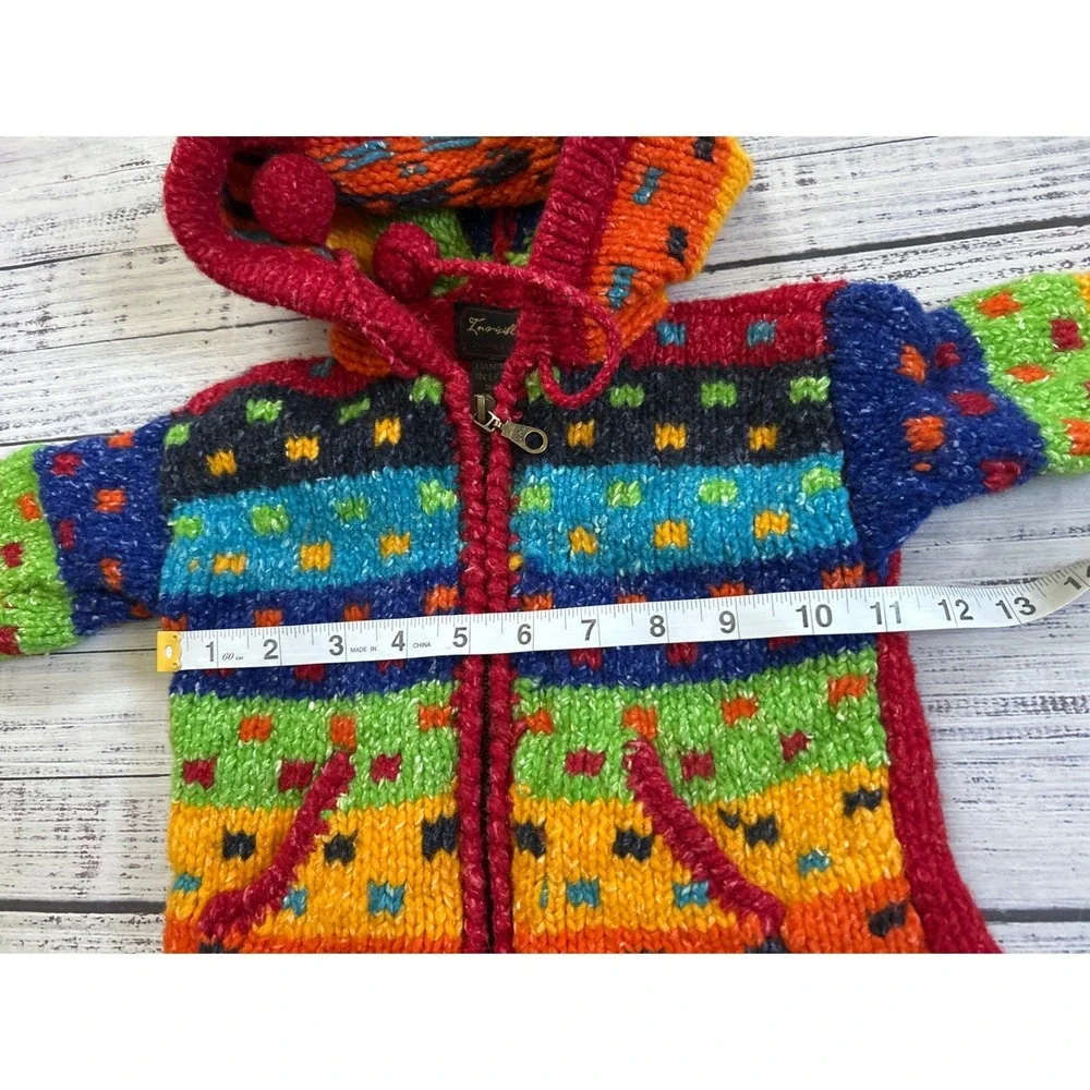 Invisible World Hooded Sweater Kids 1 Multicolor Hand Knit Wool Blend Zip Front
